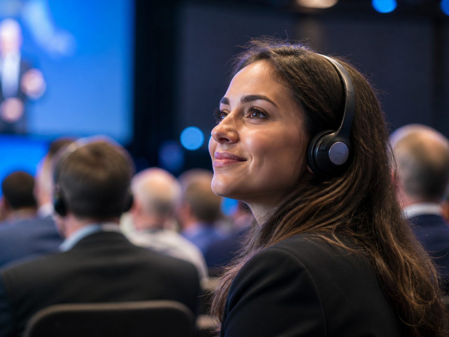 Teilnehmer mit Kopfhörern in einem Konferenzsaal